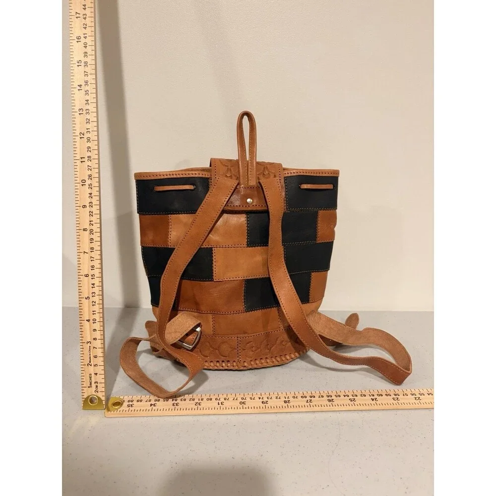 Vintage Hand Tooled Leather Patchwork Mini Backpack Boho Festival Drawstring Bag